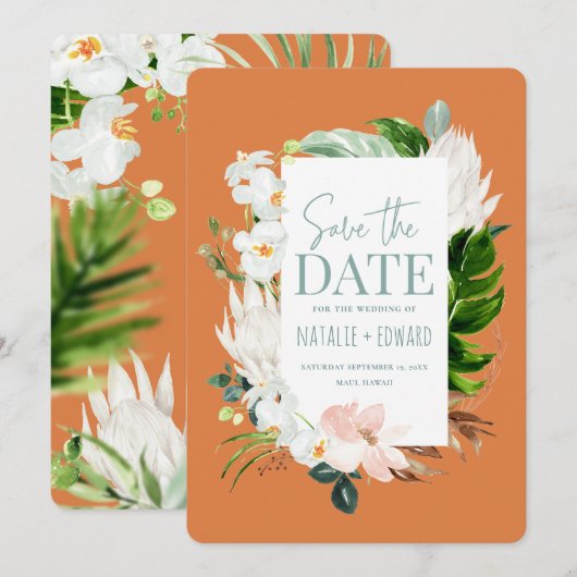 Roze, blauwgroen en orchidee tropische floraal save the date (Voorkant / Achterkant)