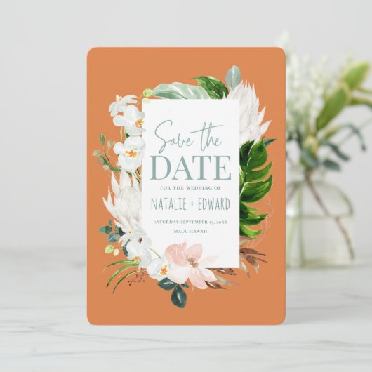 Roze, blauwgroen en orchidee tropische floraal save the date (Staand voorkant)