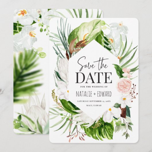 Roze, blauwgroen en orchidee tropische floraal save the date (Voorkant / Achterkant)