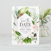Roze, blauwgroen en orchidee tropische floraal save the date (Staand voorkant)