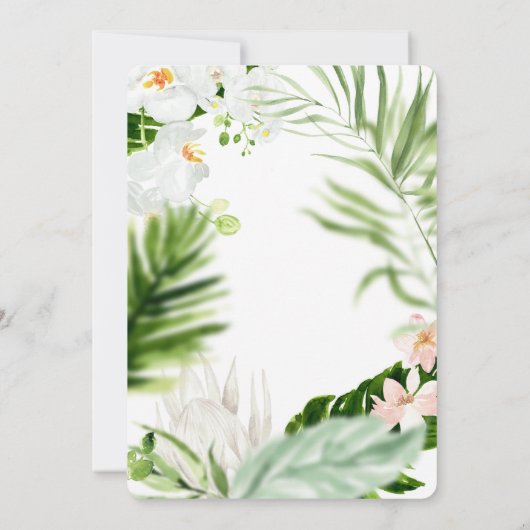 Roze, blauwgroen en orchidee tropische floraal save the date (Achterkant)