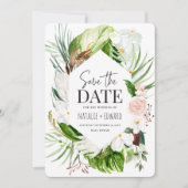 Roze, blauwgroen en orchidee tropische floraal save the date (Voorkant)