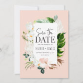 Roze, blauwgroen en orchidee tropische floraal save the date (Voorkant)