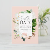 Roze, blauwgroen en orchidee tropische floraal save the date (Staand voorkant)