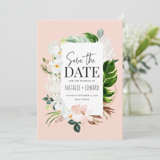 Roze, blauwgroen en orchidee tropische floraal save the date (Staand voorkant)