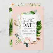 Roze, blauwgroen en orchidee tropische floraal save the date (Voorkant / Achterkant)