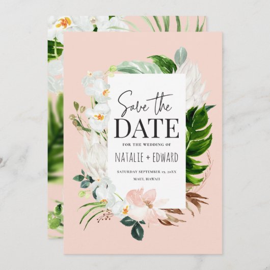 Roze, blauwgroen en orchidee tropische floraal save the date (Voorkant / Achterkant)