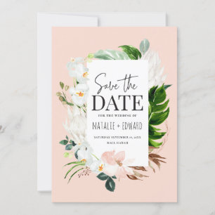 Roze, blauwgroen en orchidee tropische floraal save the date