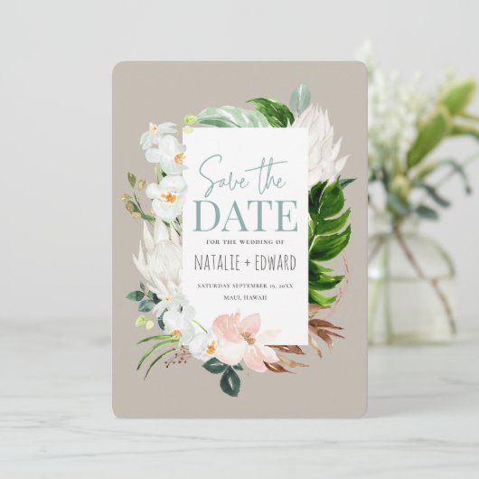 Roze, blauwgroen en orchidee tropische floraal save the date (Staand voorkant)