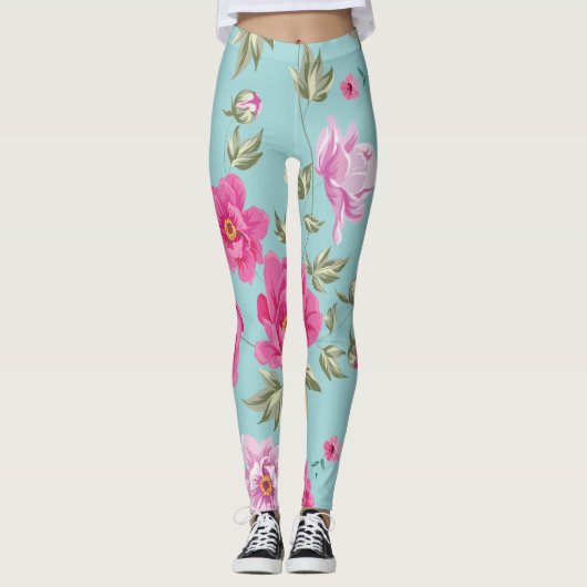  roze blauwgroen floraal leggings (Voorkant)