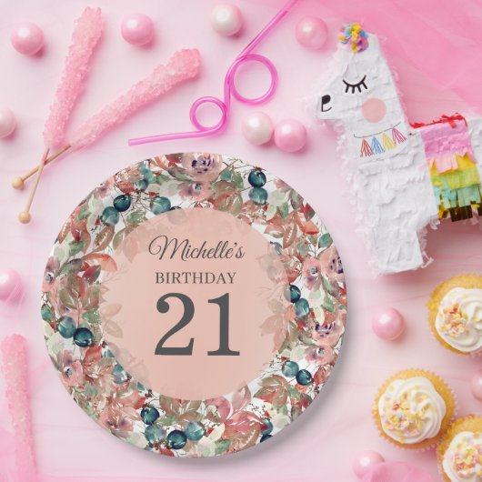 Roze Blauwgroen Floral 21e verjaardag Papieren Bordje (Feest)