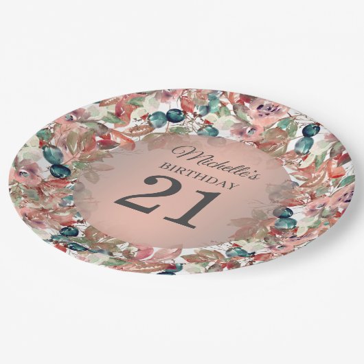 Roze Blauwgroen Floral 21e verjaardag Papieren Bordje (Gekanteld)
