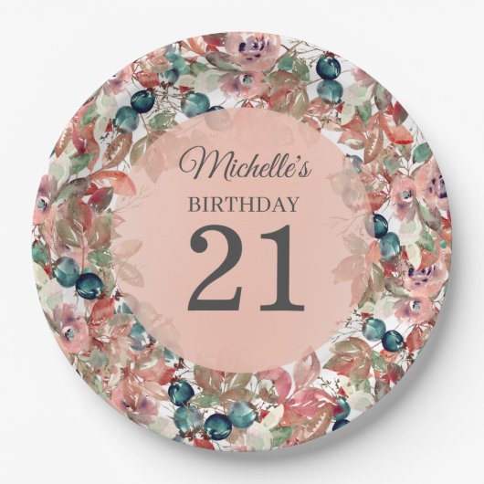 Roze Blauwgroen Floral 21e verjaardag Papieren Bordje (Voorkant)