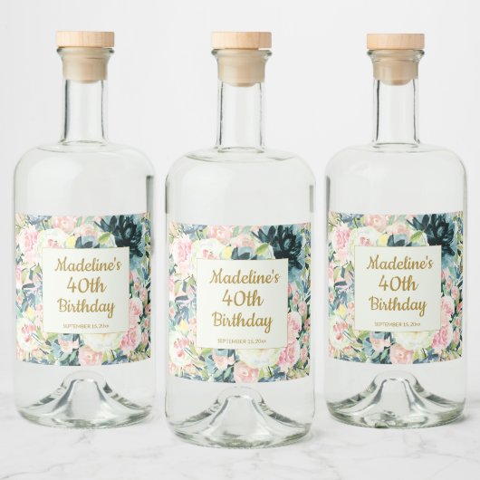  Roze Blauwgroen Floral 40e volwassen verjaardag Likeurfles Etiket (Flessen)