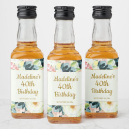  Roze Blauwgroen Floral 40th of om het even welke  Likeurfles Etiket