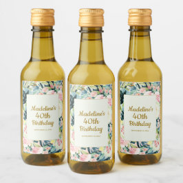  Roze Blauwgroen Floral 40th of om het even welke  Wijn Etiket