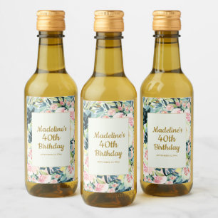 Roze Blauwgroen Floral 40th of om het even welke Wijn Etiket