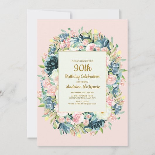  Roze Blauwgroen Floral 90ste verjaardag van de vr Kaart (Voorkant)