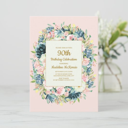  Roze Blauwgroen Floral 90ste verjaardag van de vr Kaart (Staand voorkant)