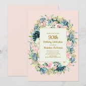  Roze Blauwgroen Floral 90ste verjaardag van de vr Kaart (Voorkant / Achterkant)