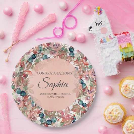 Roze Blauwgroen Floral Afstuderen gefeliciteerd Papieren Bordje (Feest)
