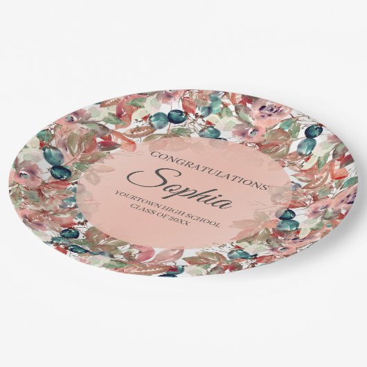 Roze Blauwgroen Floral Afstuderen gefeliciteerd Papieren Bordje (Gekanteld)