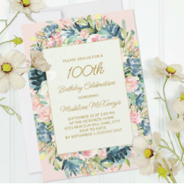 Roze Blauwgroen  Floral Botanische 100e verjaardag Kaart