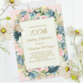 Roze Blauwgroen  Floral Botanische 100e verjaardag Kaart