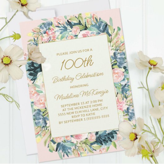 Roze Blauwgroen  Floral Botanische 100e verjaardag Kaart