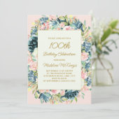Roze Blauwgroen  Floral Botanische 100e verjaardag Kaart (Staand voorkant)