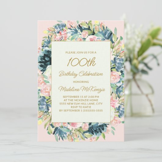 Roze Blauwgroen  Floral Botanische 100e verjaardag Kaart (Staand voorkant)