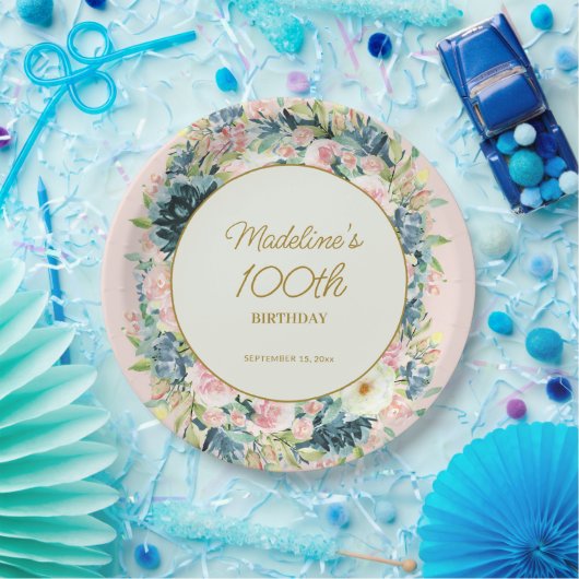 Roze Blauwgroen  Floral Botanische 100e verjaardag Papieren Bordje (Feest)