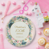Roze Blauwgroen  Floral Botanische 100e verjaardag Papieren Bordje (Feest)
