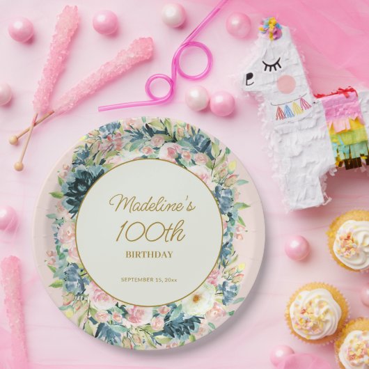 Roze Blauwgroen Floral Botanische 100e verjaardag Papieren Bordje (Feest)
