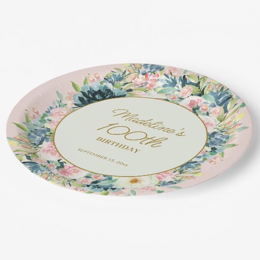 Roze Blauwgroen  Floral Botanische 100e verjaardag Papieren Bordje (Gekanteld)