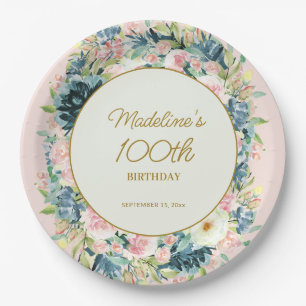Roze Blauwgroen  Floral Botanische 100e verjaardag Papieren Bordje