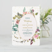 Roze Blauwgroen Floral en gouden Ovale Lijst Wedde Kaart (Staand voorkant)