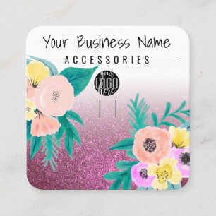Roze Blauwgroen Floral Glitter Logo Sleutelhanger  Vierkante Visitekaartje