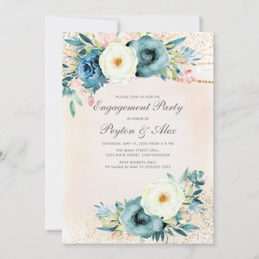 Roze Blauwgroen Floral Glitter Verloving Kaart (Voorkant)