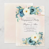 Roze Blauwgroen Floral Glitter Verloving Kaart (Voorkant / Achterkant)