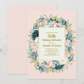 Roze Blauwgroen Floral Women's 60th Birthday Kaart (Voorkant / Achterkant)