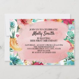 Roze Blauwgroen Gele Bloemen Meisje Eerste Dag Kaart