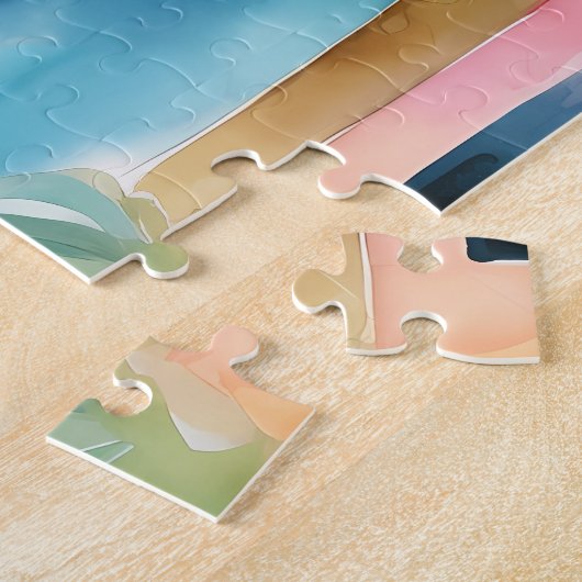 Roze Blauwgroen gele Waterverf Houses Palm Trees Legpuzzel (Zijkant)