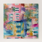 Roze Blauwgroen gele Waterverf Houses Palm Trees Legpuzzel (Horizontaal)