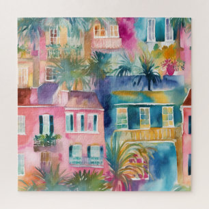 Roze Blauwgroen gele Waterverf Houses Palm Trees Legpuzzel