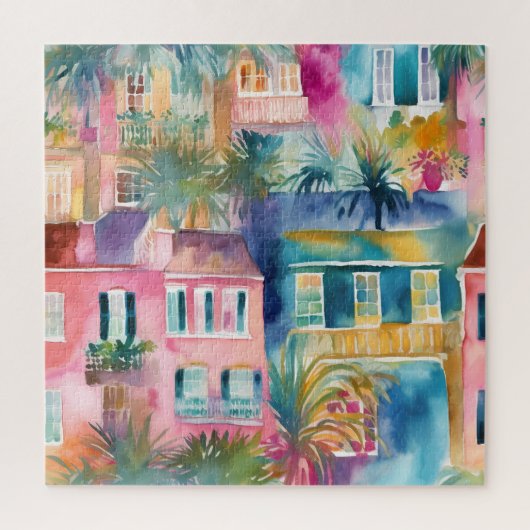 Roze Blauwgroen gele Waterverf Houses Palm Trees Legpuzzel (Verticaal)