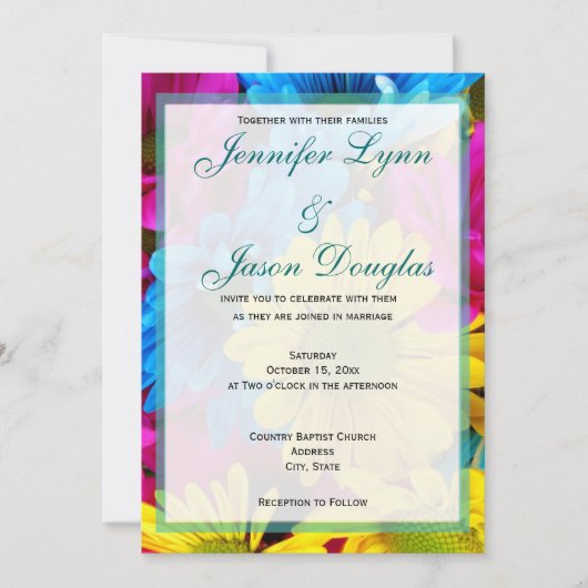 Roze Blauwgroen Gerber Daisy Flowers Wedding Invit Kaart (Voorkant)