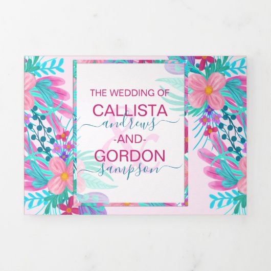 Roze Blauwgroen geverfde bloemen Register Detail R Drieluik Uitnodiging (Cover)