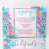 Roze Blauwgroen geverfde bloemen Register Detail R Drieluik Uitnodiging (Binnenzijde eerst)