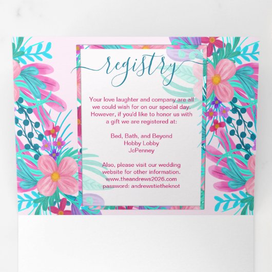 Roze Blauwgroen geverfde bloemen Register Detail R Drieluik Uitnodiging (Binnenzijde eerst)